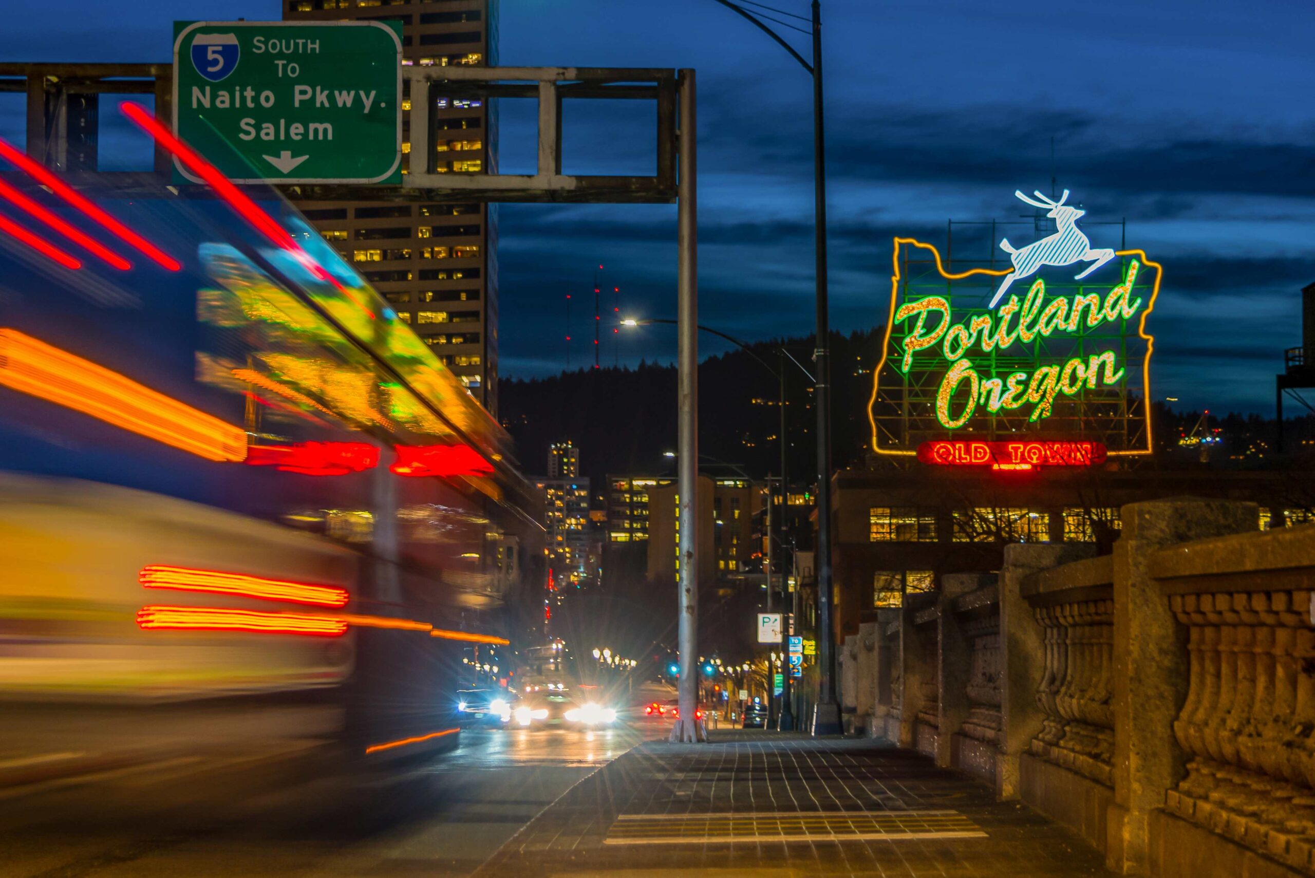 Portland, Oregon neon sign off of the freeway.